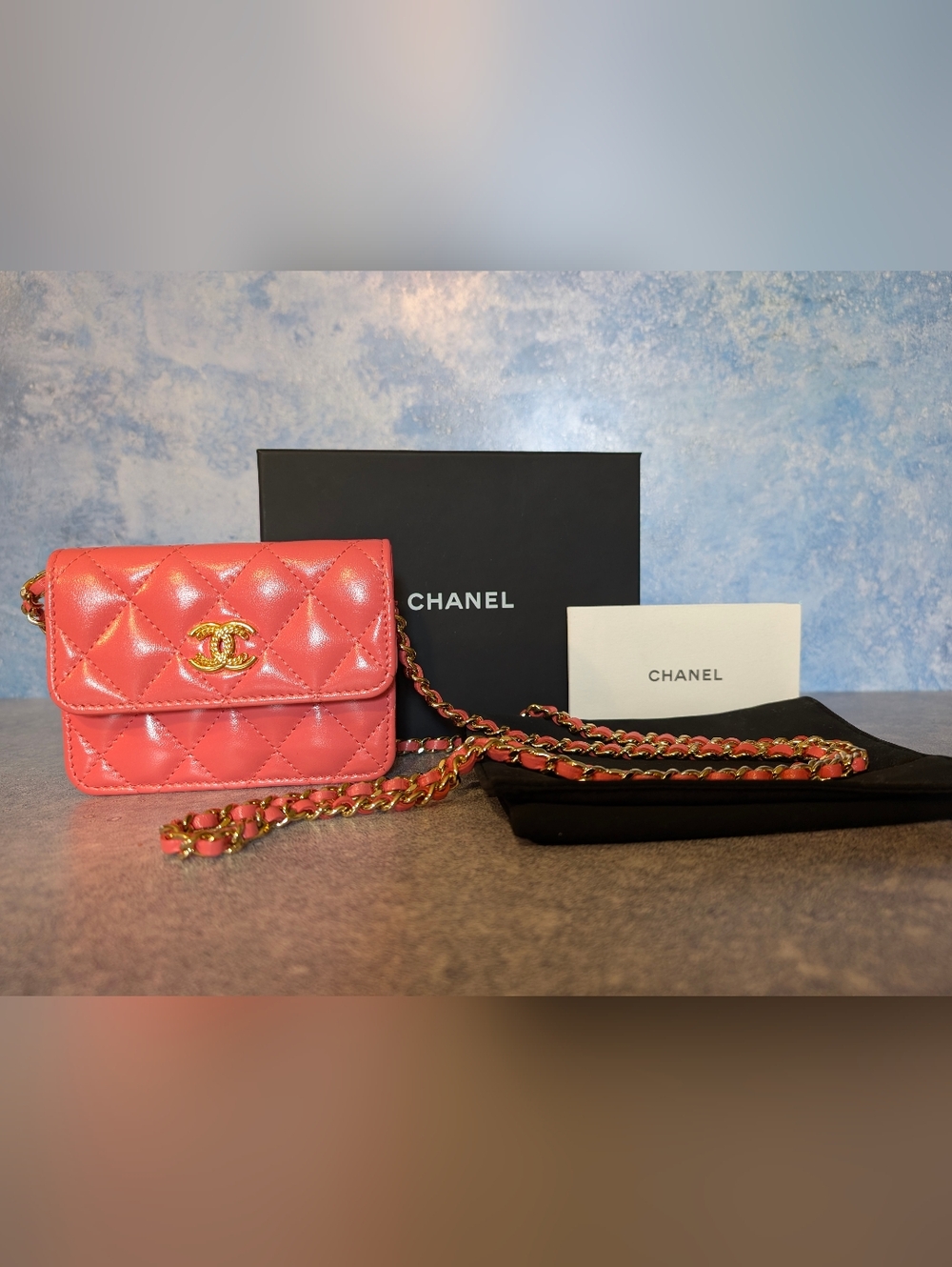 CHANEL Coral Pink Quilted Mini Bag / Wallet on Chain with Gold Hardware